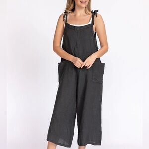 Meo Meli 100% Linen Charcoal Gray Wide Leg Tie Strap Jumpsuit Size Medium